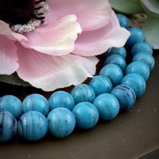 Vintage Miriam Haskell Occupied Japanese Vibrant Turquoise Blue and Black Striped Swirled Lampwork Glass Beads Japan - 10mm - 24 Beads