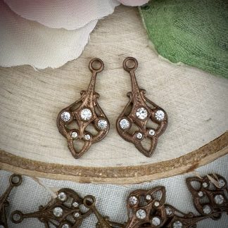 Vintage Tombac Crystal Teardrop Filigree Rhinestone Charms / Connectors / Links - 21mm - 2 Pieces