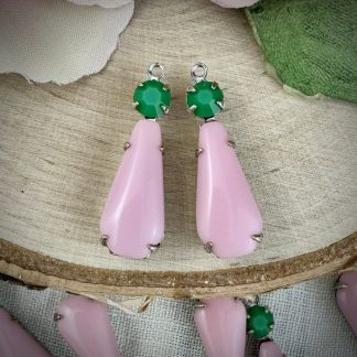 Cute Vintage Soft Opaque Pink and Swarovski Apple Green Teardrop Charms / Drops in Silver Tone - 25mm - 2 Pieces