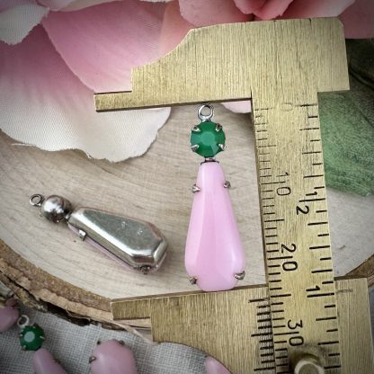 Cute Vintage Soft Opaque Pink and Swarovski Apple Green Teardrop Charms / Drops in Silver Tone - 25mm - 2 Pieces - Image 2