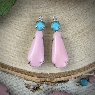 Cute Vintage Soft Opaque Pink and Swarovski Opaque Turquoise Blue Teardrop Charms / Drops in Silver Tone - 25mm - 2 Pieces