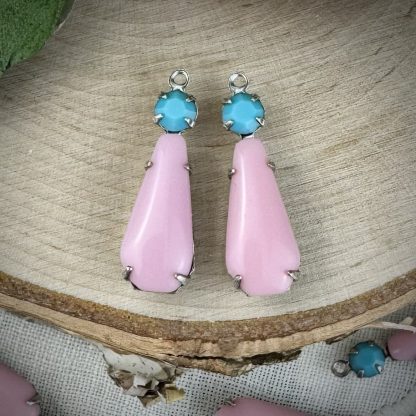 Cute Vintage Soft Opaque Pink and Swarovski Opaque Turquoise Blue Teardrop Charms / Drops in Silver Tone - 25mm - 2 Pieces