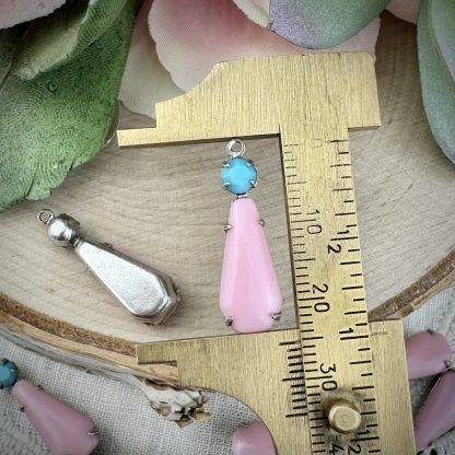 Cute Vintage Soft Opaque Pink and Swarovski Opaque Turquoise Blue Teardrop Charms / Drops in Silver Tone - 25mm - 2 Pieces - Image 2