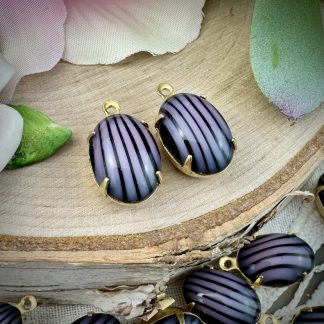 Vintage Striped Jet and Soft Pink Moonglow Striped Oval Pendants / Charms / Drops - 17mm - 2 Pieces