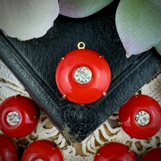 Vintage Big and Bold Opaque Cherry Red with Inset Crystal Rhinestone Charms / Drops - 18mm - 2 Pieces