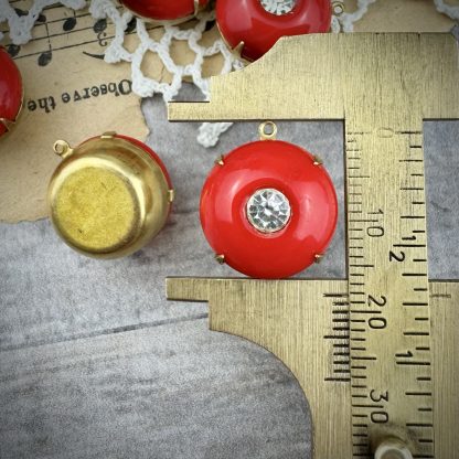 Vintage Big and Bold Opaque Cherry Red with Inset Crystal Rhinestone Charms / Drops - 18mm - 2 Pieces - Image 2