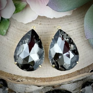 Black Diamond (Gray) Large Teardrop Rhinestone Charms / Drops - 37mm - 2 Pieces