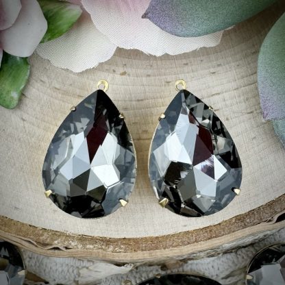 Black Diamond (Gray) Large Teardrop Rhinestone Charms / Drops - 37mm - 2 Pieces