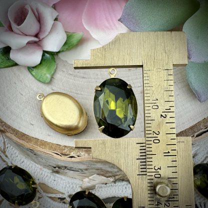 Vintage Dark Olivine Green Oval Rhinestone Charms / Drops - 21mm - 2 Pieces - Image 2