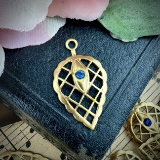 Sapphire Blue Rhinestone Leaf Filigree Charms / Drops - 30mm - 2 Pieces