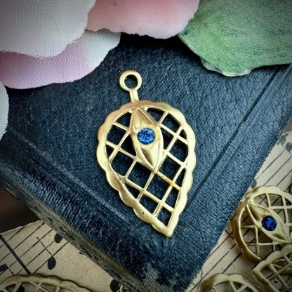 Sapphire Blue Rhinestone Leaf Filigree Charms / Drops - 30mm - 2 Pieces