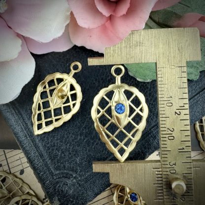 Sapphire Blue Rhinestone Leaf Filigree Charms / Drops - 30mm - 2 Pieces - Image 2