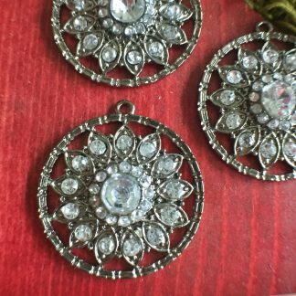 Swarovski Encrusted Oxidized Silver Plated Large Round Crystal Flower Rhinestone Pendants - 32mm - 1 Piece