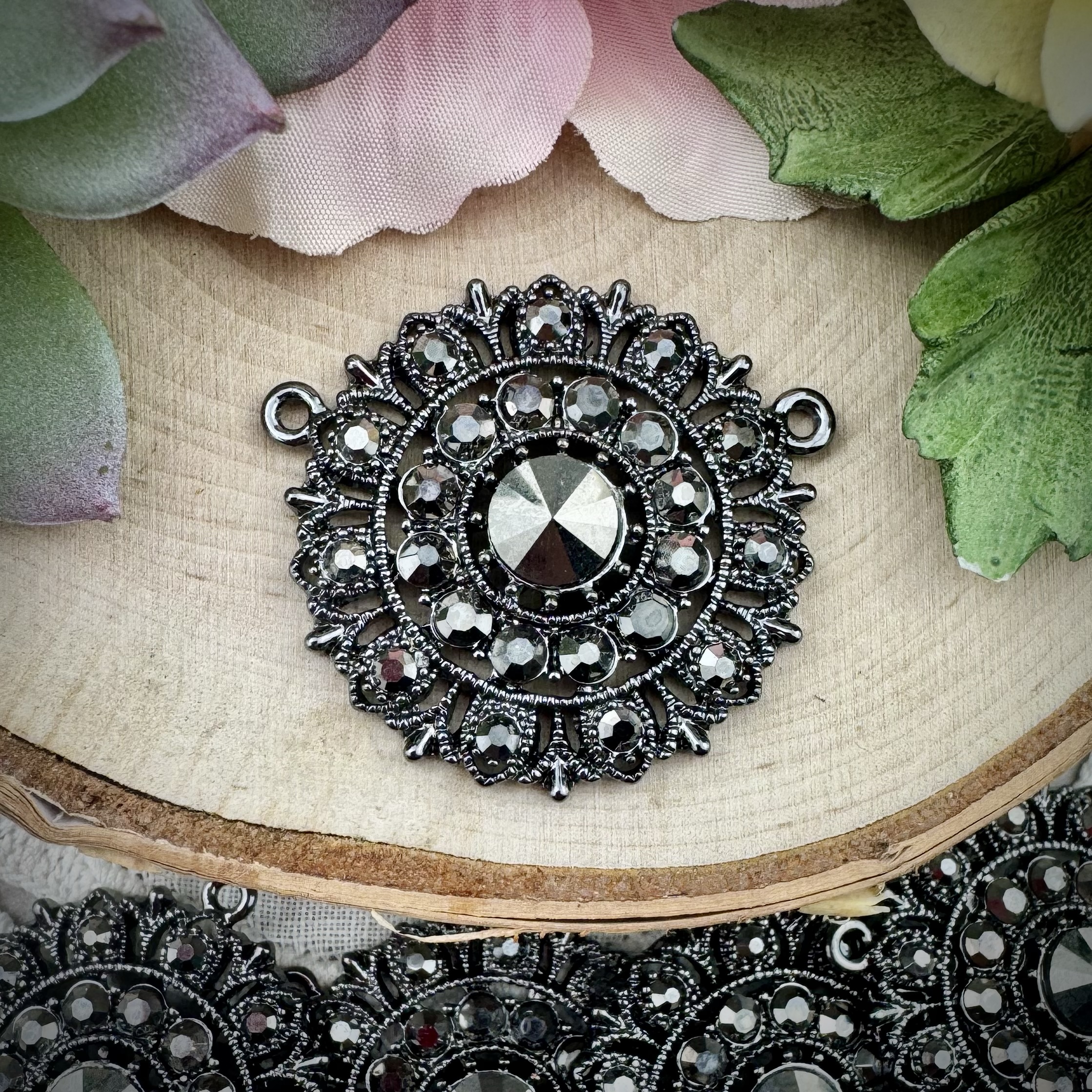 Swarovski Encrusted Gunmetal Plated Large Round Hematite / Marcasite Crystal Rhinestone Pendants - 34mm - 1 Piece - Image 3