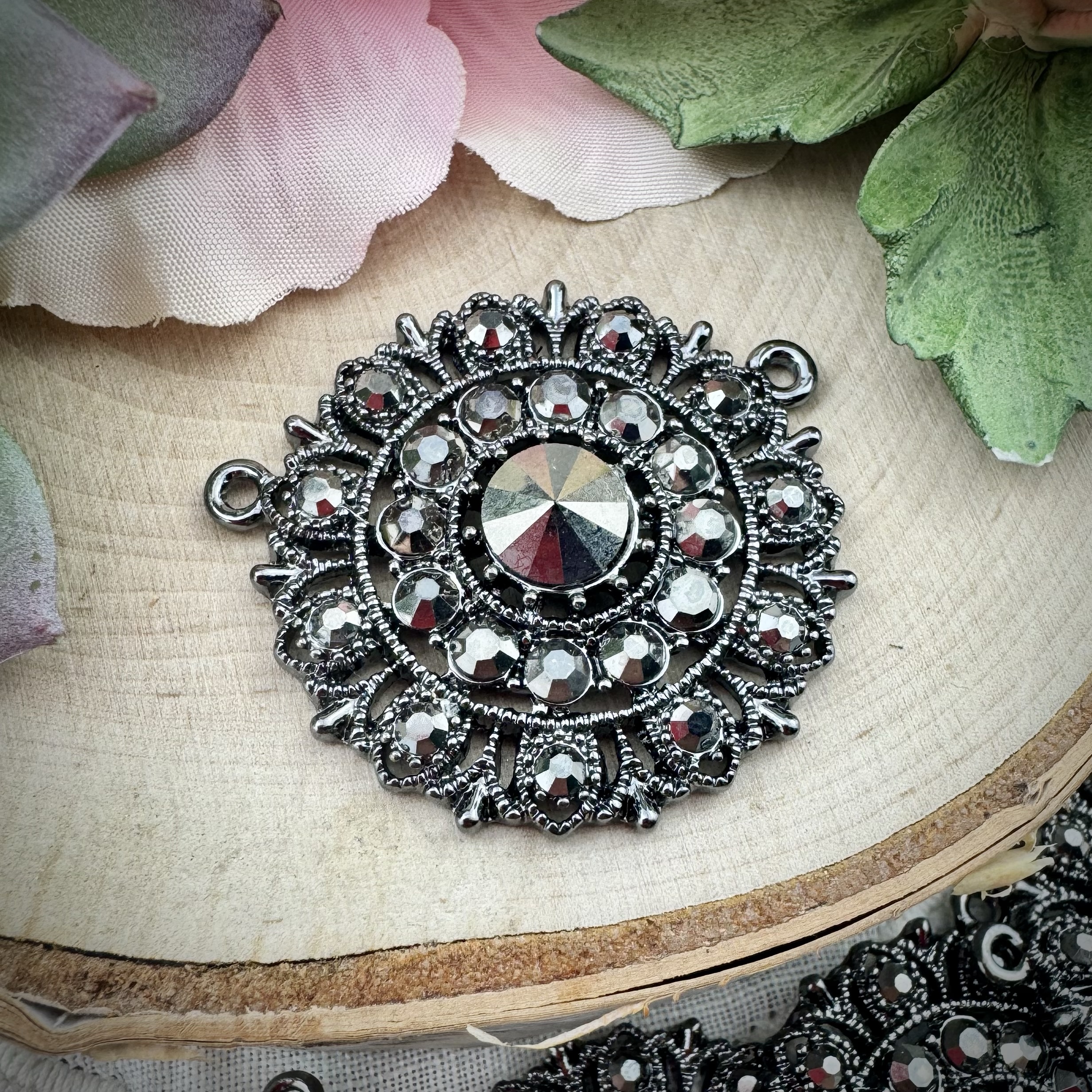 Swarovski Encrusted Gunmetal Plated Large Round Hematite / Marcasite Crystal Rhinestone Pendants - 34mm - 1 Piece