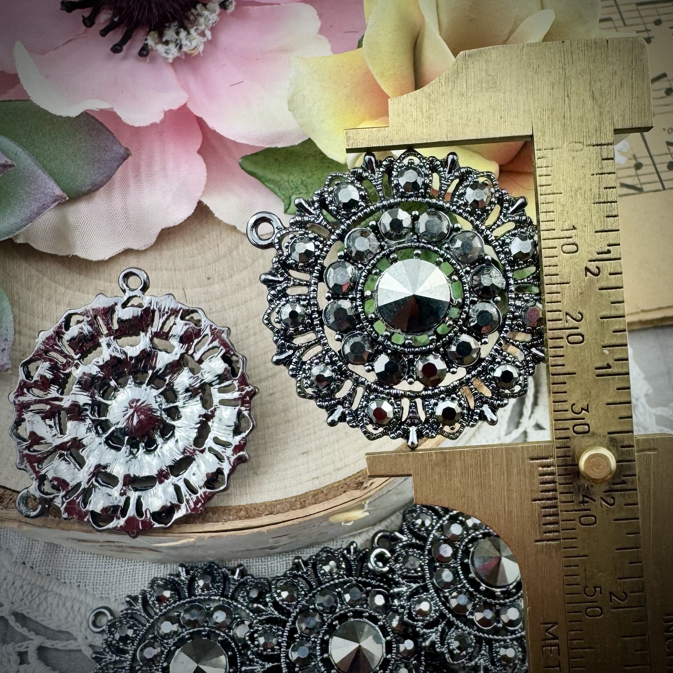 Swarovski Encrusted Gunmetal Plated Large Round Hematite / Marcasite Crystal Rhinestone Pendants - 34mm - 1 Piece - Image 2