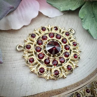 Swarovski Encrusted Gold Plated Large Round Ruby Red Crystal Rhinestone Pendants - 34mm - 1 Piece