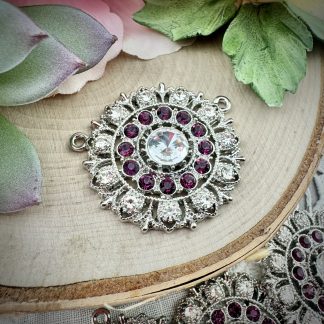 Swarovski Encrusted Silver Plated Large Round Amethyst Purple & Crystal Rhinestone Pendants - 34mm - 1 Piece