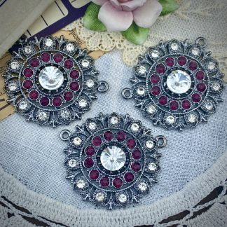 Swarovski Encrusted Gunmetal Plated Large Round Crystal & Amethyst Purple Rhinestone Pendants - 34mm - 1 Piece