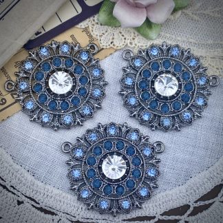 Swarovski Encrusted Gunmetal Plated Large Round Crystal / Light Saphire / Montana Blue Rhinestone Pendants - 34mm - 1 Piece