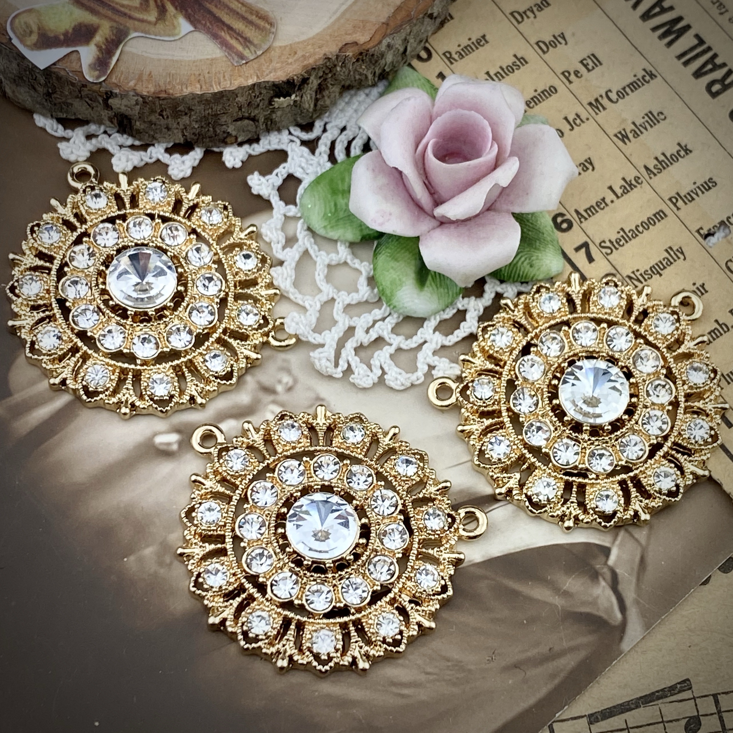 Swarovski Encrusted Gold Plated Large Round Crystal Rhinestone Pendants - 34mm - 1 Piece