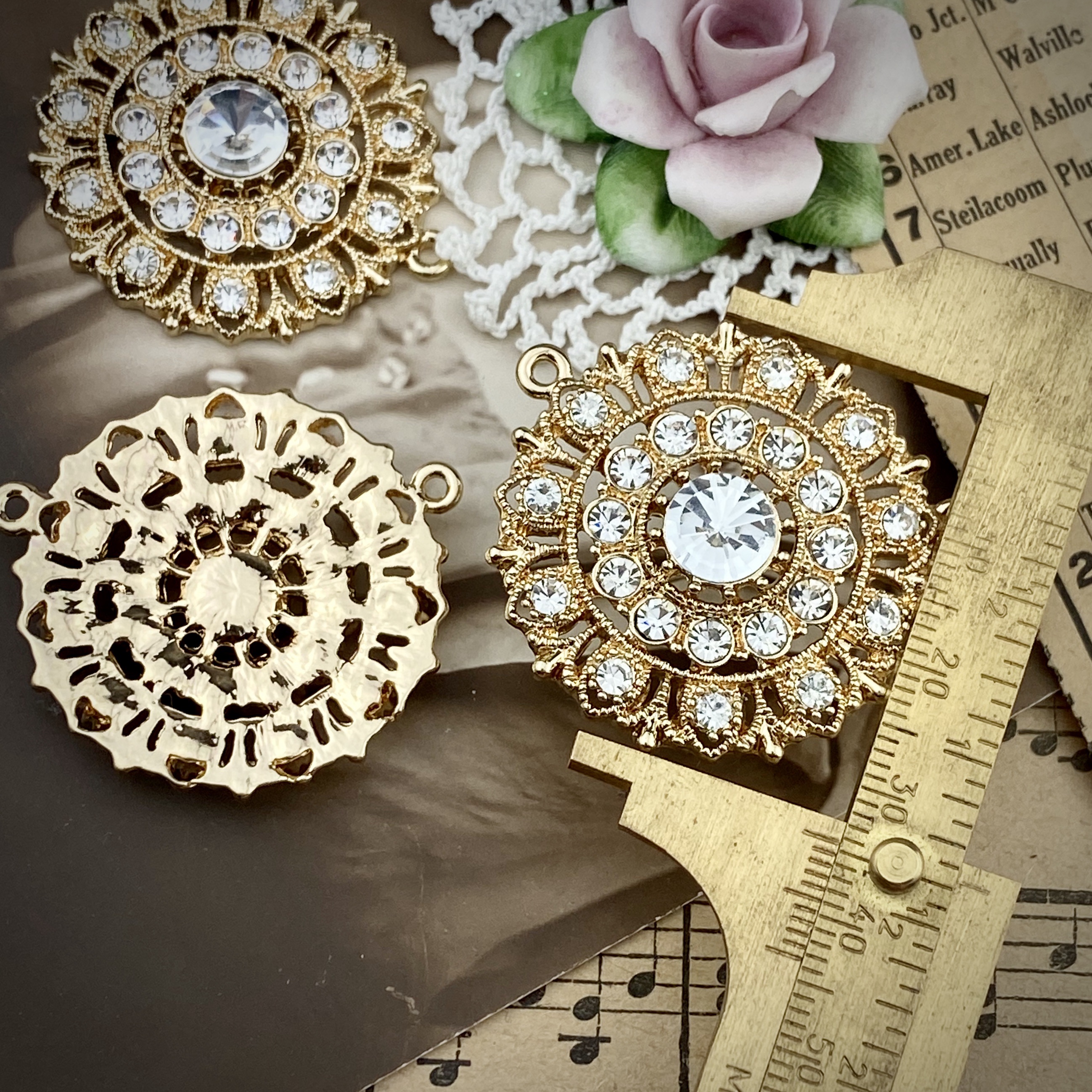 Swarovski Encrusted Gold Plated Large Round Crystal Rhinestone Pendants - 34mm - 1 Piece - Image 2