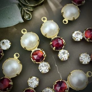 Vintage Ruby Rose Cut Red Rhinestone and Faux Pearl Inverted Teardrop Drops / Pendants / Charms - 23mm - 2 Pieces