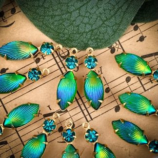 Extremely Unique Sunburst Textured Green / Blue Feathery and Swarovski Capri Blue Marquis Drops - 24mm - 2 Pieces